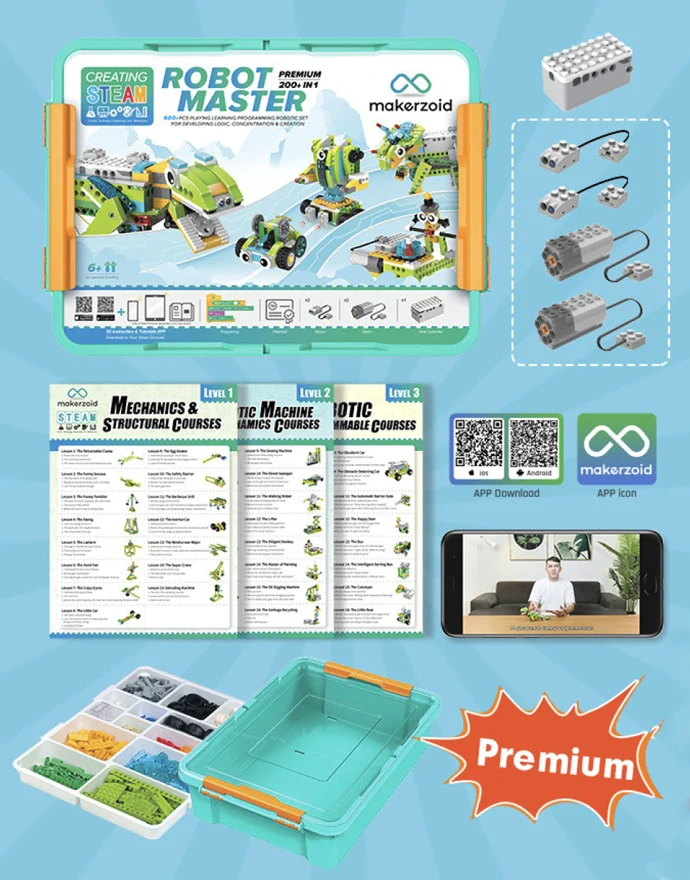 Obsah Robot Master Premium: stavebnica, dva motory, dva senzory, výučbové materiály a úložný box s triediacim podnosom