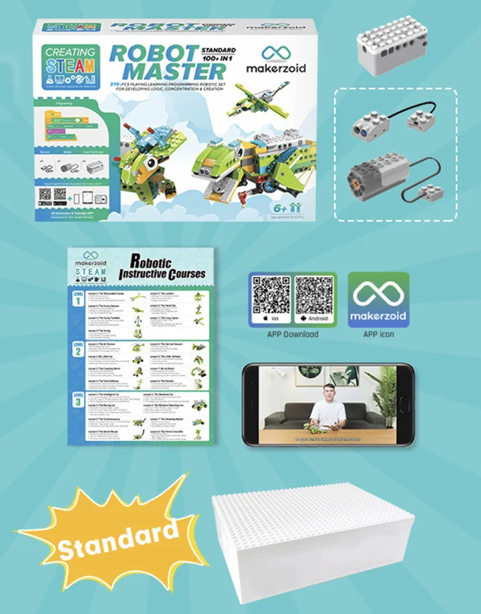 Obsah Robot Master Standard: stavebnica, jeden motor, jeden senzor, výučbové materiály a úložný box